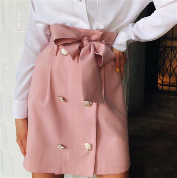 Women Skirt Bow Tie Mini Skirts Sweet Girls Vintage Button