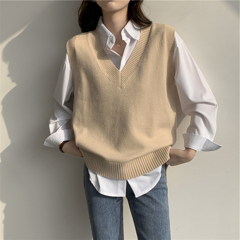 V-neck Vest  Seeveless Knitted Waistcoat Student Sweater Women