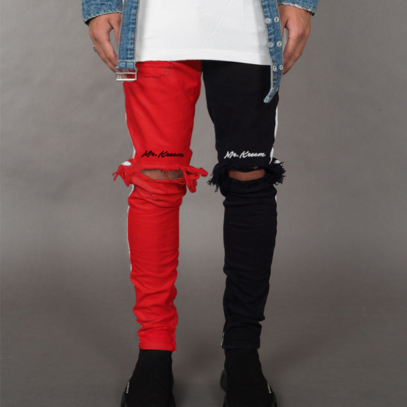Slim Stitching Ripped Casual Trousers Men's Feet Pants