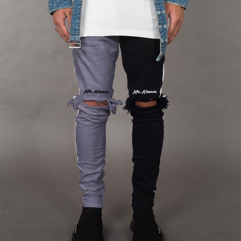 Slim Stitching Ripped Casual Trousers Men's Feet Pants