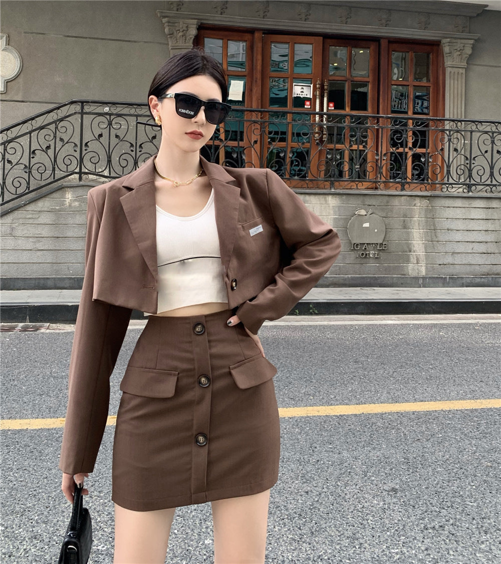 Blazer High Waist A Line Skirt Coffee Color Hong Kong Style Suit Women
