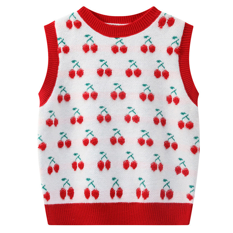 Cherry Embroidered Round Neck Sleeveless Waistcoat With Hedging Women