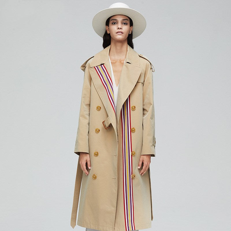Stripes double-breasted trench coat British slim waist trench coat
