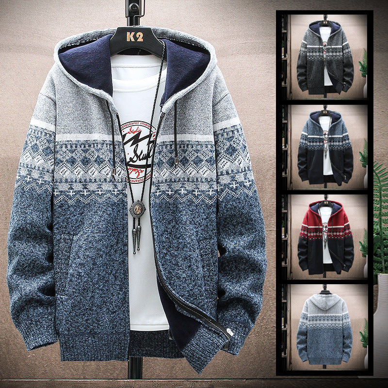 Hooded Cardigan Knitted Thick Plus Fleece Sweater Men