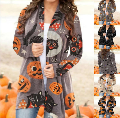 Halloween Digital Printing Casual Cardigan Jacket Women