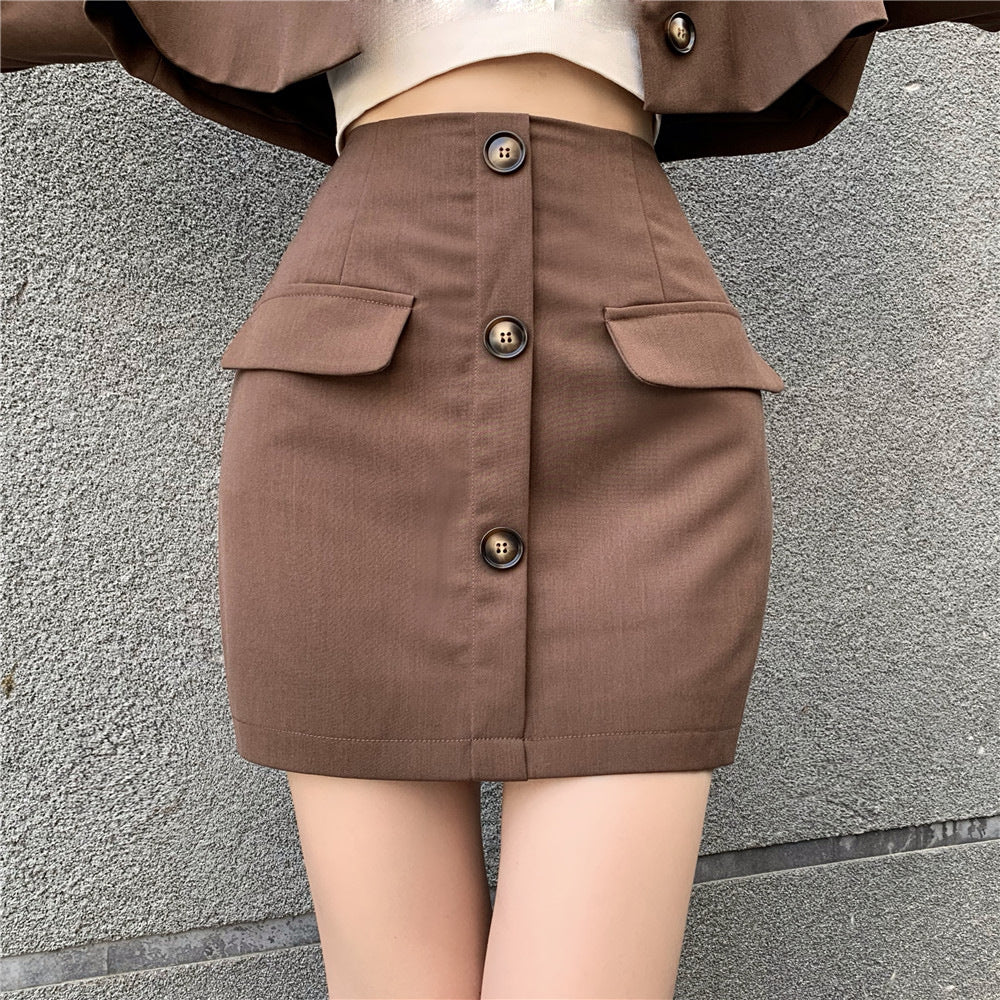 Blazer High Waist A Line Skirt Coffee Color Hong Kong Style Suit Women