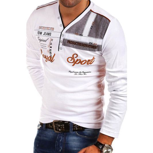 V-Neck Polo Shirt Letter Printing Long-Sleeved T-Shirt Men