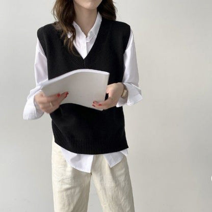 V-neck Vest  Seeveless Knitted Waistcoat Student Sweater Women