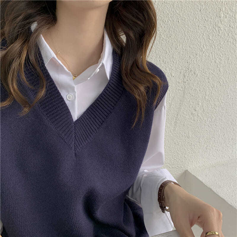 V-neck Vest  Seeveless Knitted Waistcoat Student Sweater Women