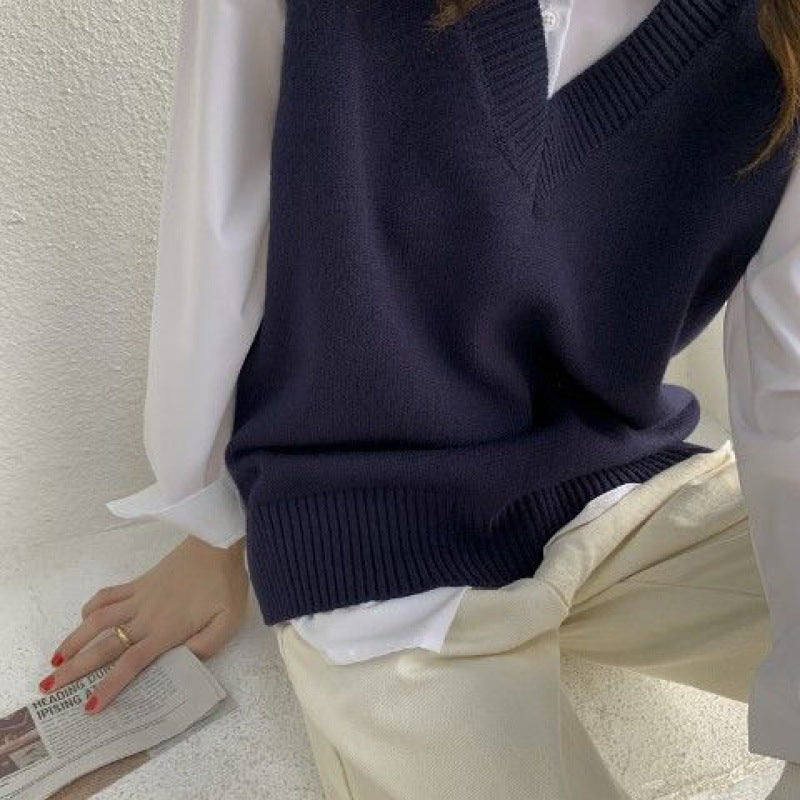 V-neck Vest  Seeveless Knitted Waistcoat Student Sweater Women