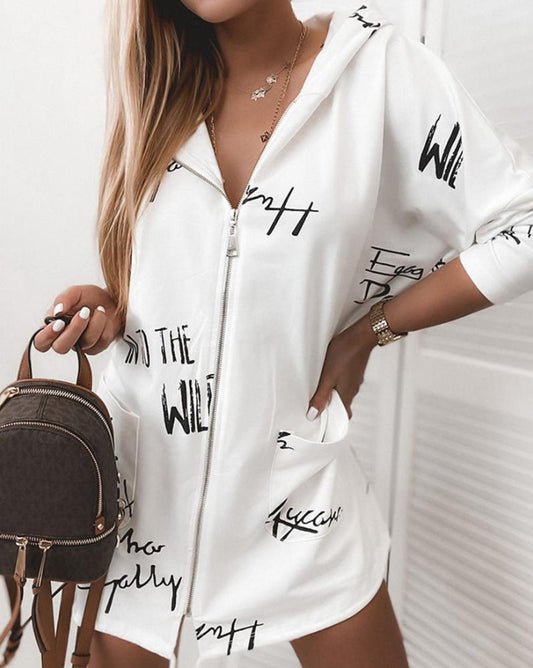 Letter Print Zipper Hoodie Windbreaker Jacket Women