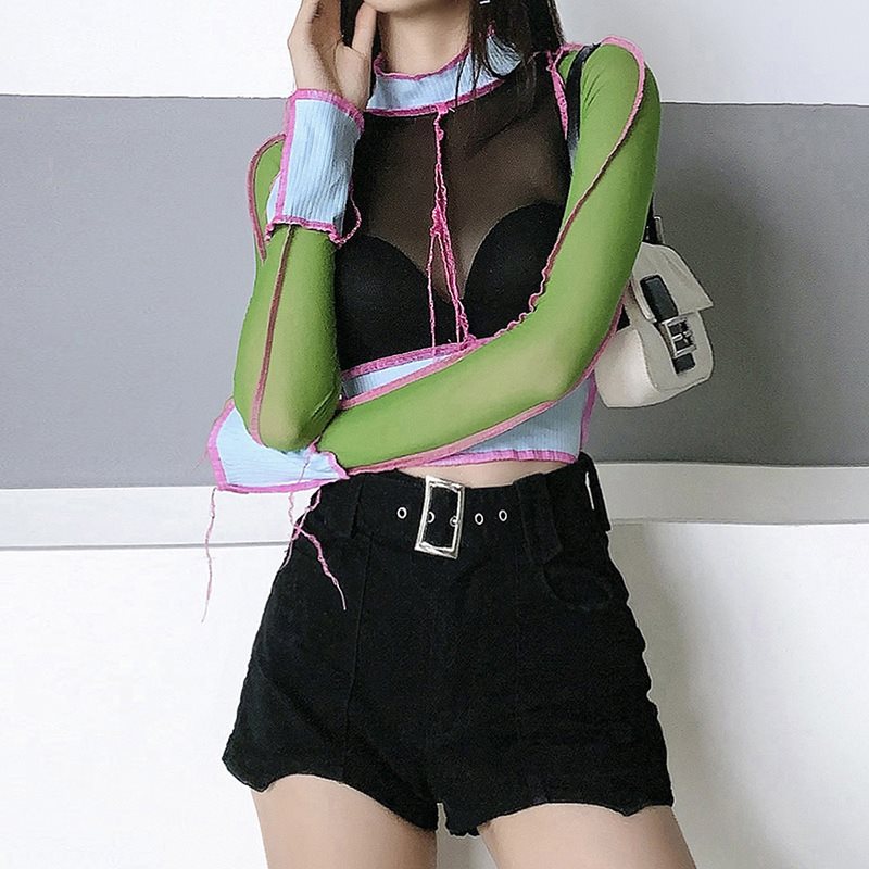 Contrast Color Splicing Long Sleeve Bottom Blouse Women