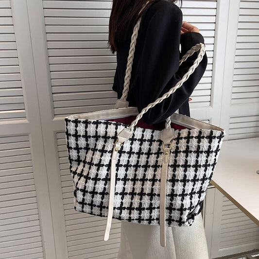 Plaid Totes Woven Shoulder Strap Bags Women Handbag