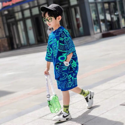 Cotton Boy Summer Suit Handsome New Wave Children's Summer Short-Sleeved Big Boy Boy Western Style Children's Clothing