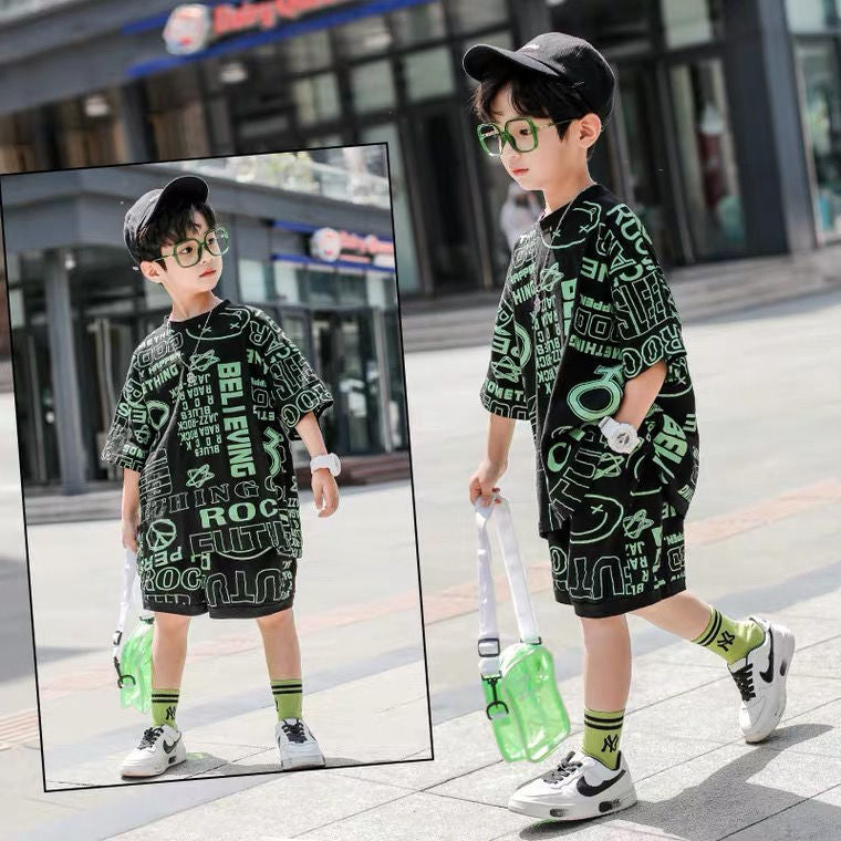 Cotton Boy Summer Suit Handsome New Wave Children's Summer Short-Sleeved Big Boy Boy Western Style Children's Clothing