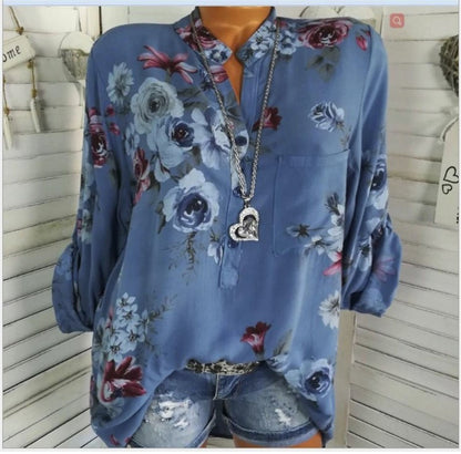 5XL Plus Size Summer Tops 2019 Women Blouses Long Sleeve Print Stand Collar Button Blouse Pullover Womens Clothing Shirt Blusa