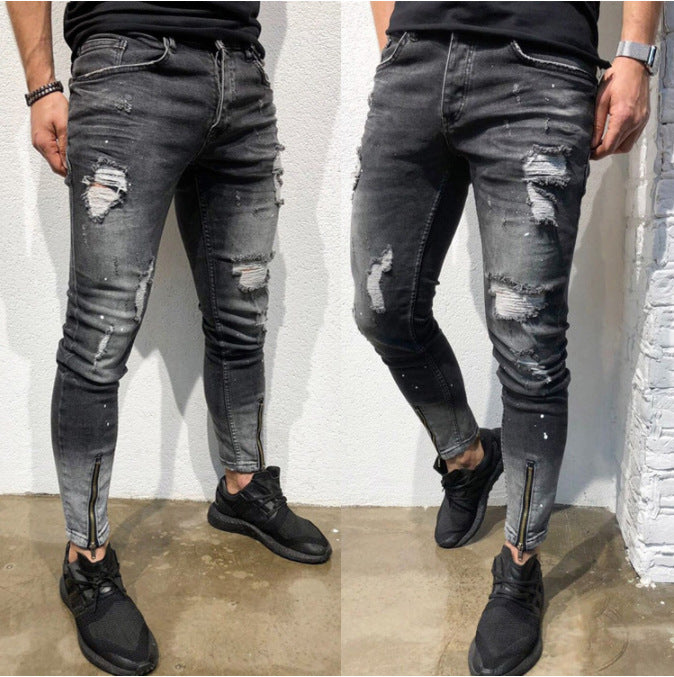 The New Cross-Border Fashion Ripped Youth Clothes Zipper ElasticFeet Js Men