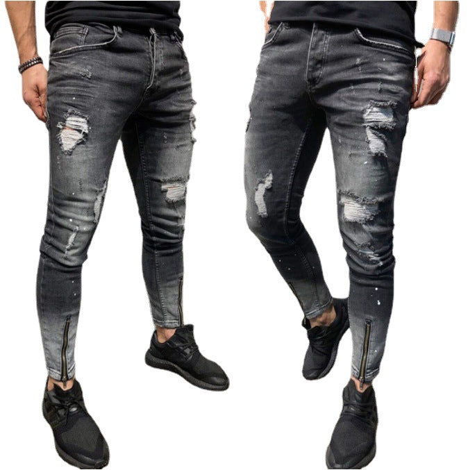 The New Cross-Border Fashion Ripped Youth Clothes Zipper ElasticFeet Js Men