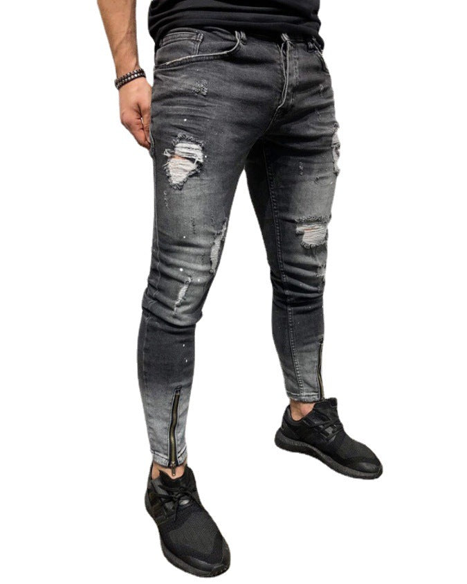 The New Cross-Border Fashion Ripped Youth Clothes Zipper ElasticFeet Js Men