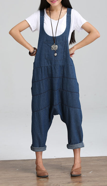 Vintage Women Jumpsuits Palazzo Pants Denim Jumpsuit Harem Pants Straps Pockets Jumpsuits Casual Pants Jumpsuit