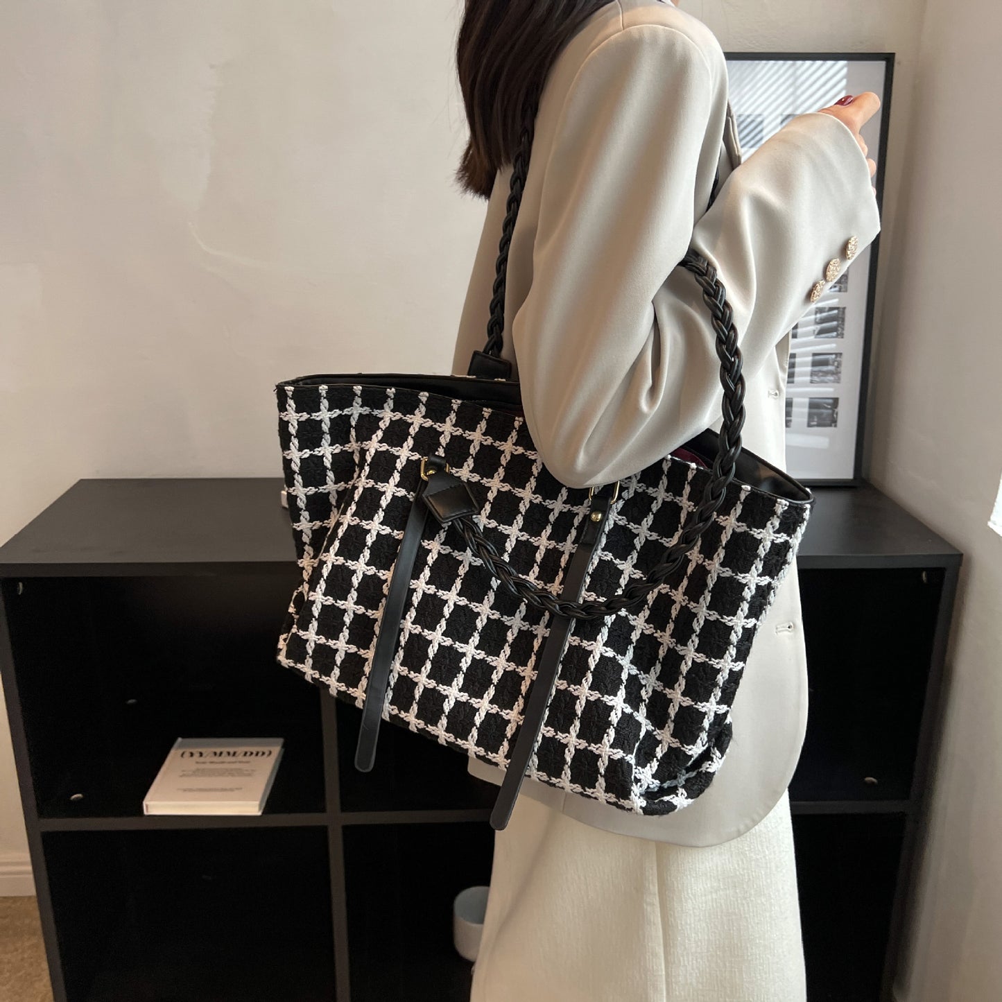 Plaid Totes Woven Shoulder Strap Bags Women Handbag