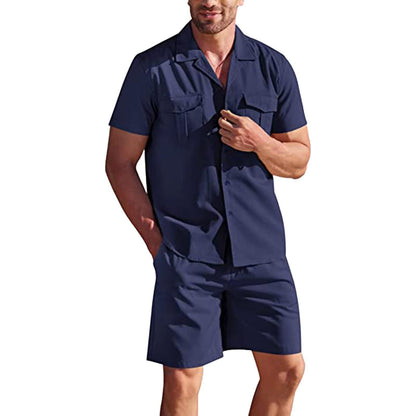 Lapel Collar Short Sleeve Shirt Set With Pockets Loose Casual Shirt And Shorts Summer