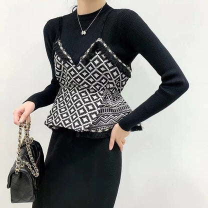 Slim Pullover Splicing Short Knitwear For Women