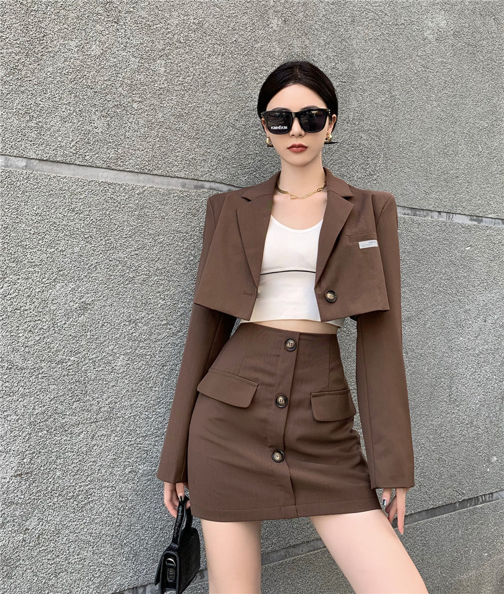 Blazer High Waist A Line Skirt Coffee Color Hong Kong Style Suit Women