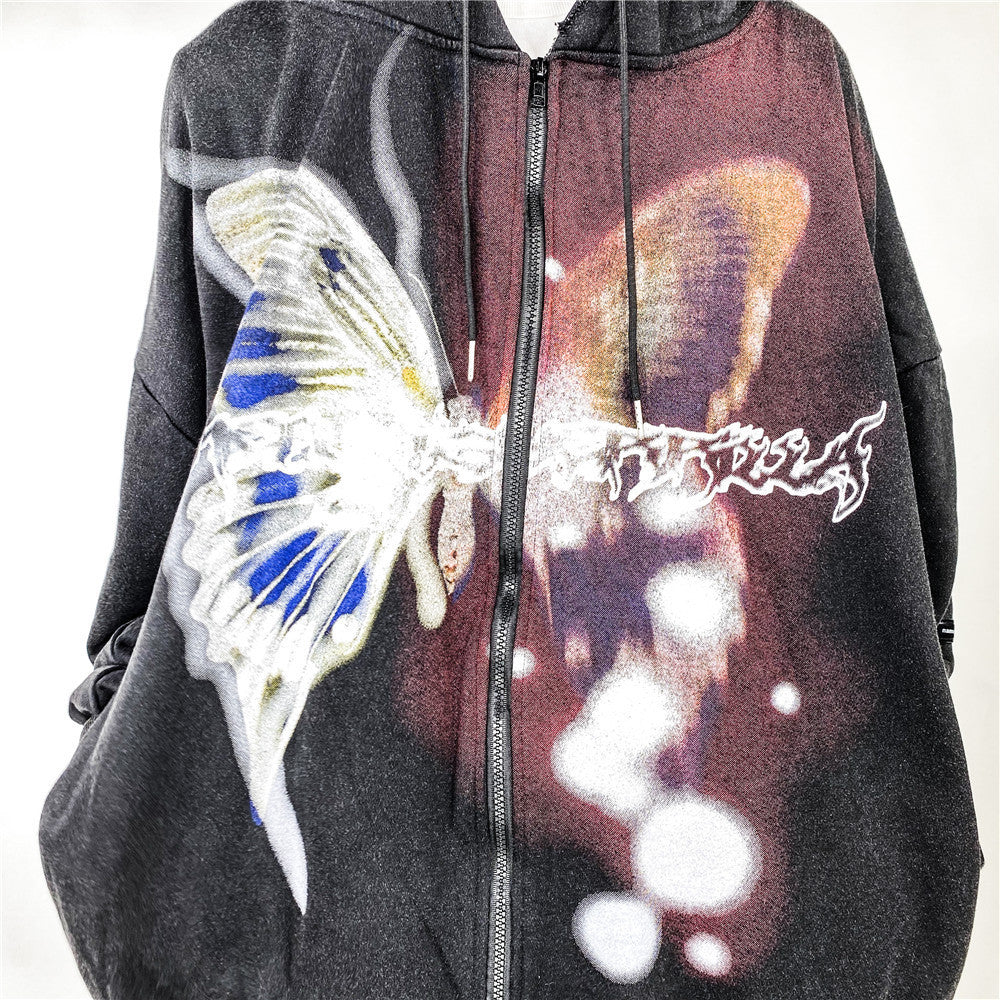 Butterfly Print Cardigan Loose Sweater Men