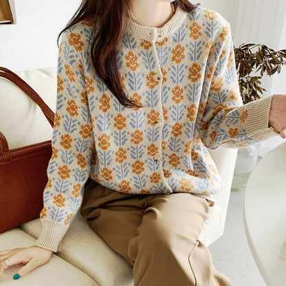 Flower Round Neck Sweater Women Cardigan Jacket