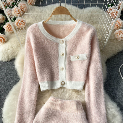 Women Cardigan Sweater Skirt Two-Piece Suit