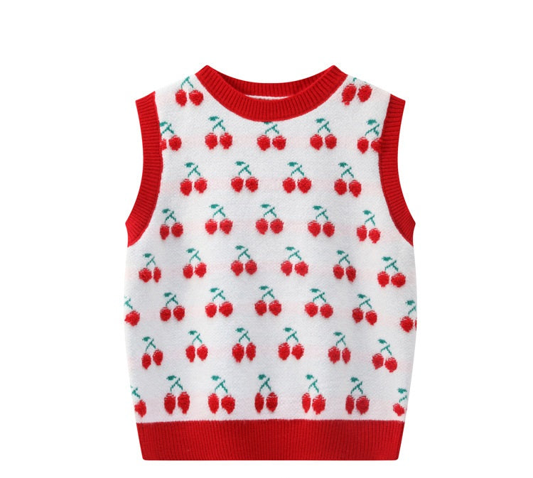 Cherry Embroidered Round Neck Sleeveless Waistcoat With Hedging Women