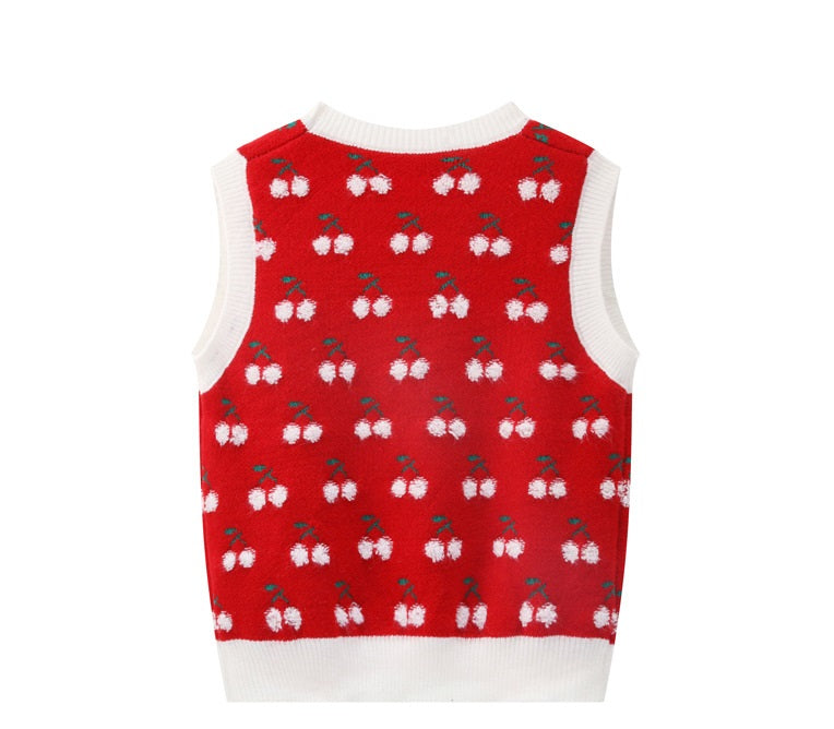 Cherry Embroidered Round Neck Sleeveless Waistcoat With Hedging Women