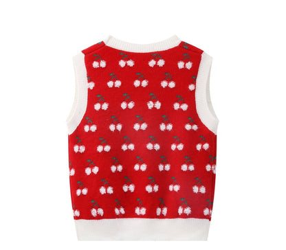 Cherry Embroidered Round Neck Sleeveless Waistcoat With Hedging Women