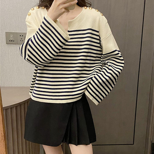 Retro Ocean Soul Stripe Gold Buckle Neck Knitwear Women