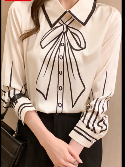 Silk Blouse Women Fake Bow-knot Printing Blouse Satin Silk Long-sleeved Shirt