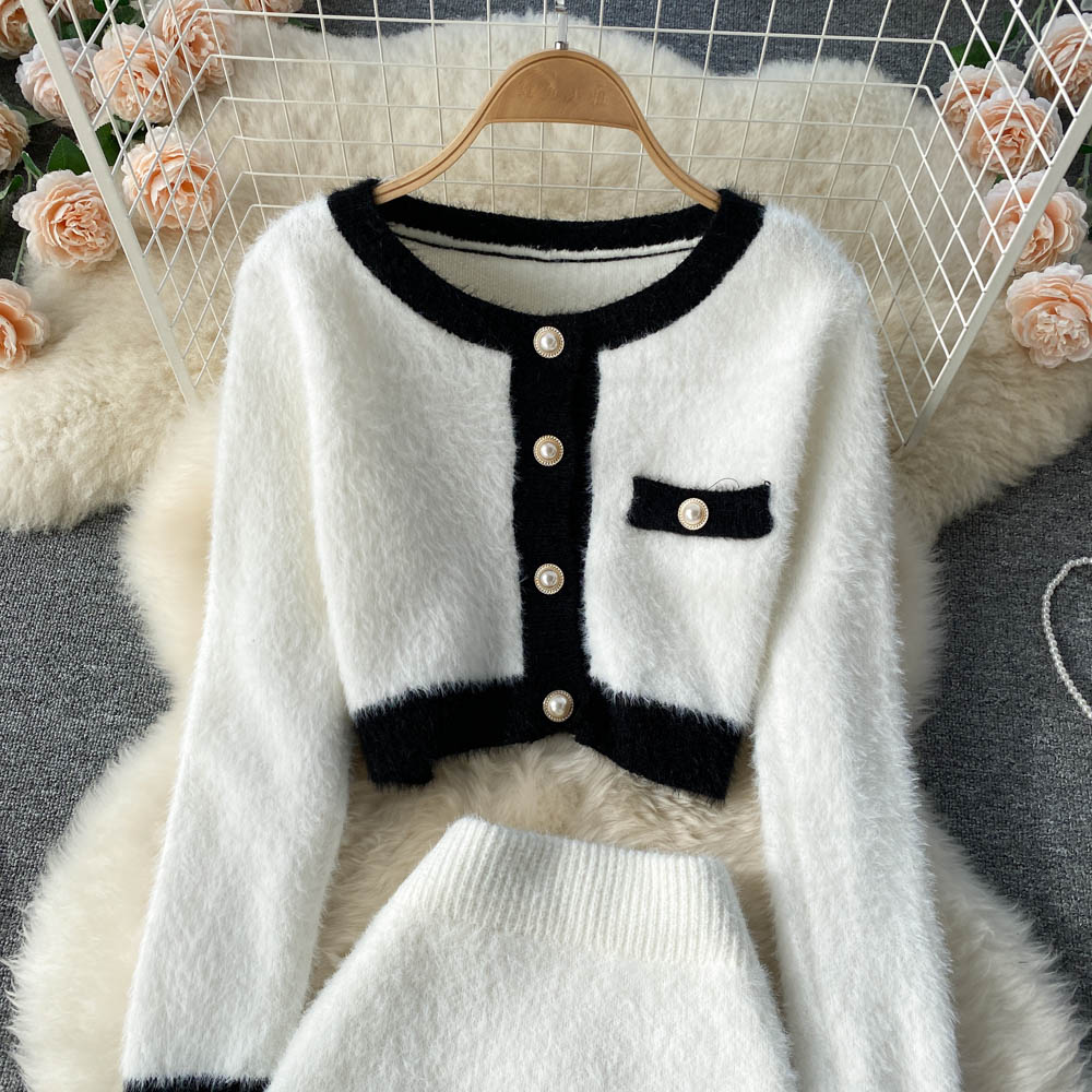 Women Cardigan Sweater Skirt Two-Piece Suit