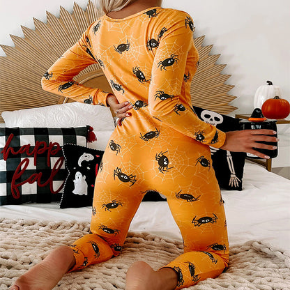 Halloween Printed Jumpsuit Long Sleeve Home Pajamas Casual Trousers Women's Cos Clothing