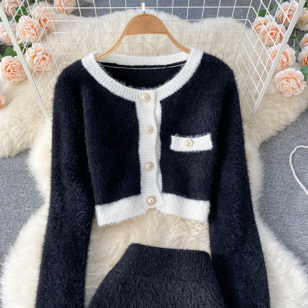 Women Cardigan Sweater Skirt Two-Piece Suit