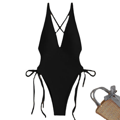 Deep V Beach Bikini Lace-up One-piece Swimsuit For Women