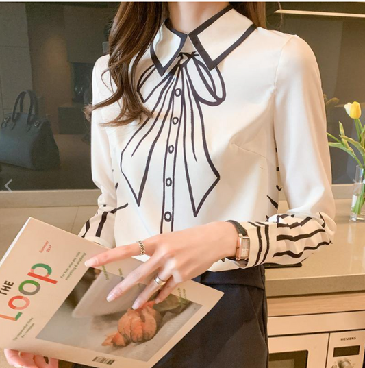 Silk Blouse Women Fake Bow-knot Printing Blouse Satin Silk Long-sleeved Shirt