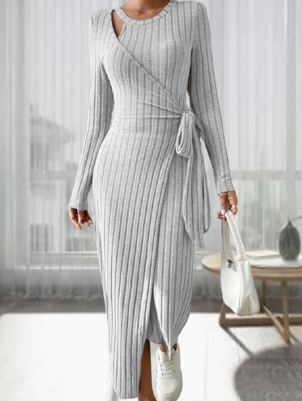 Women's Striped Fashion Round Neck Long Sleeve Narrow Bow Dress