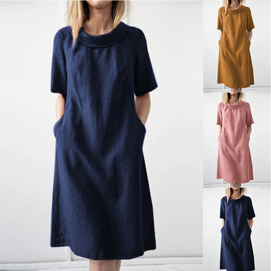 Loose Solid Color Cotton And Linen Short Sleeve Round Neck Dress