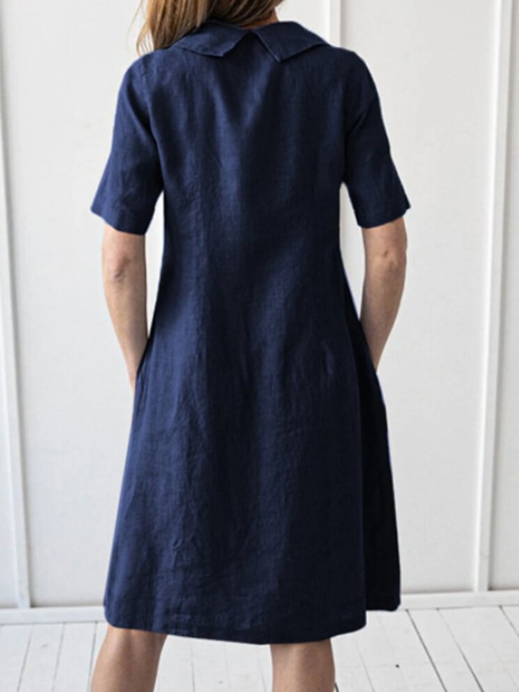 Loose Solid Color Cotton And Linen Short Sleeve Round Neck Dress