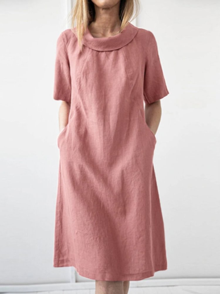 Loose Solid Color Cotton And Linen Short Sleeve Round Neck Dress