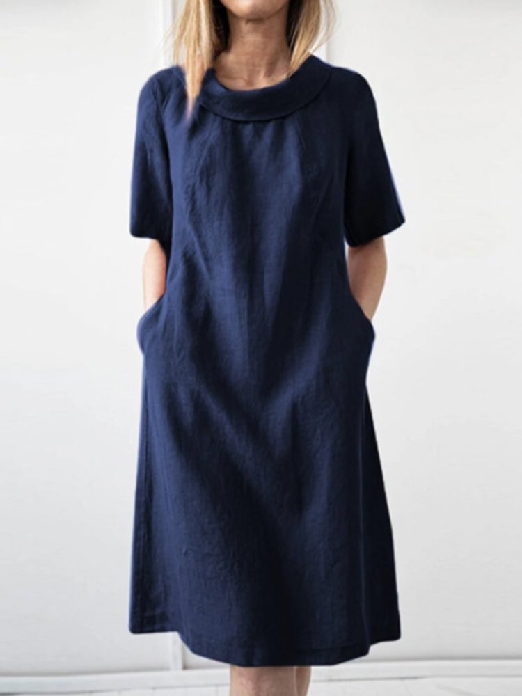 Loose Solid Color Cotton And Linen Short Sleeve Round Neck Dress