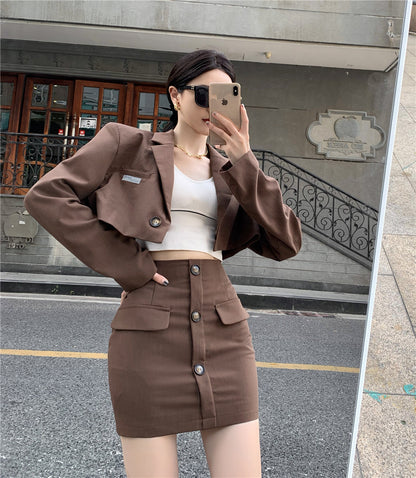 Blazer High Waist A Line Skirt Coffee Color Hong Kong Style Suit Women