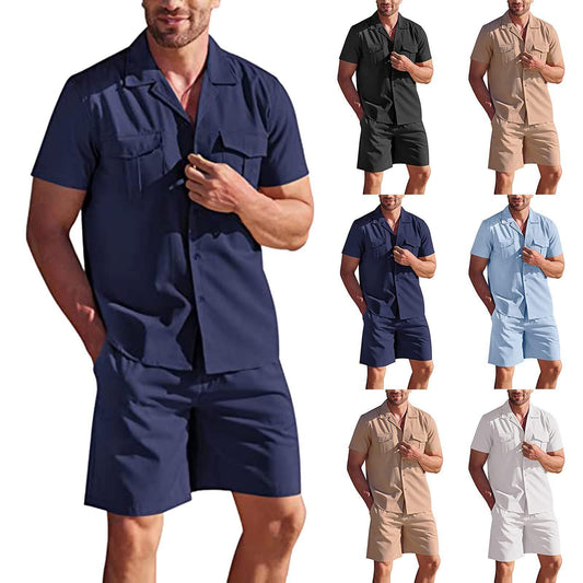 Lapel Collar Short Sleeve Shirt Set With Pockets Loose Casual Shirt And Shorts Summer