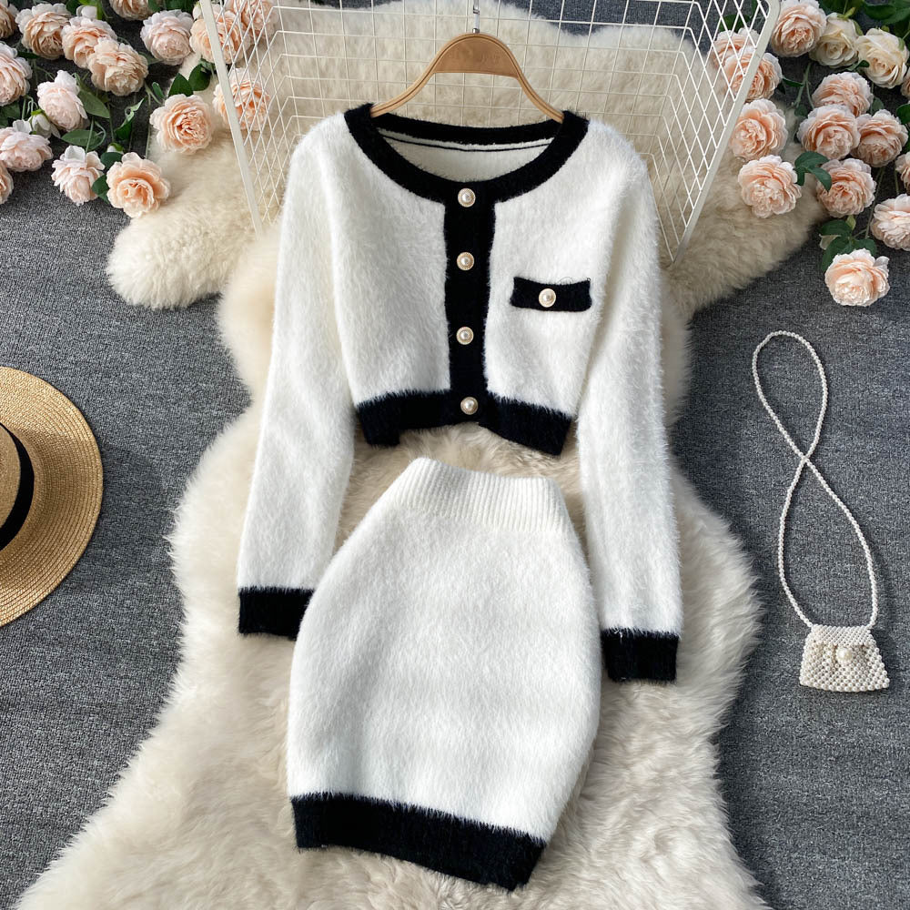 Women Cardigan Sweater Skirt Two-Piece Suit