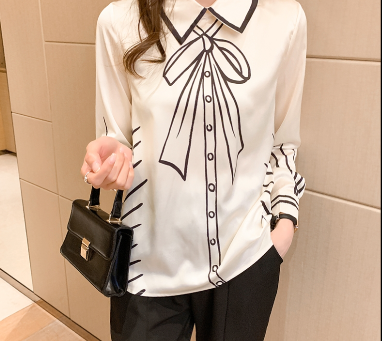 Silk Blouse Women Fake Bow-knot Printing Blouse Satin Silk Long-sleeved Shirt